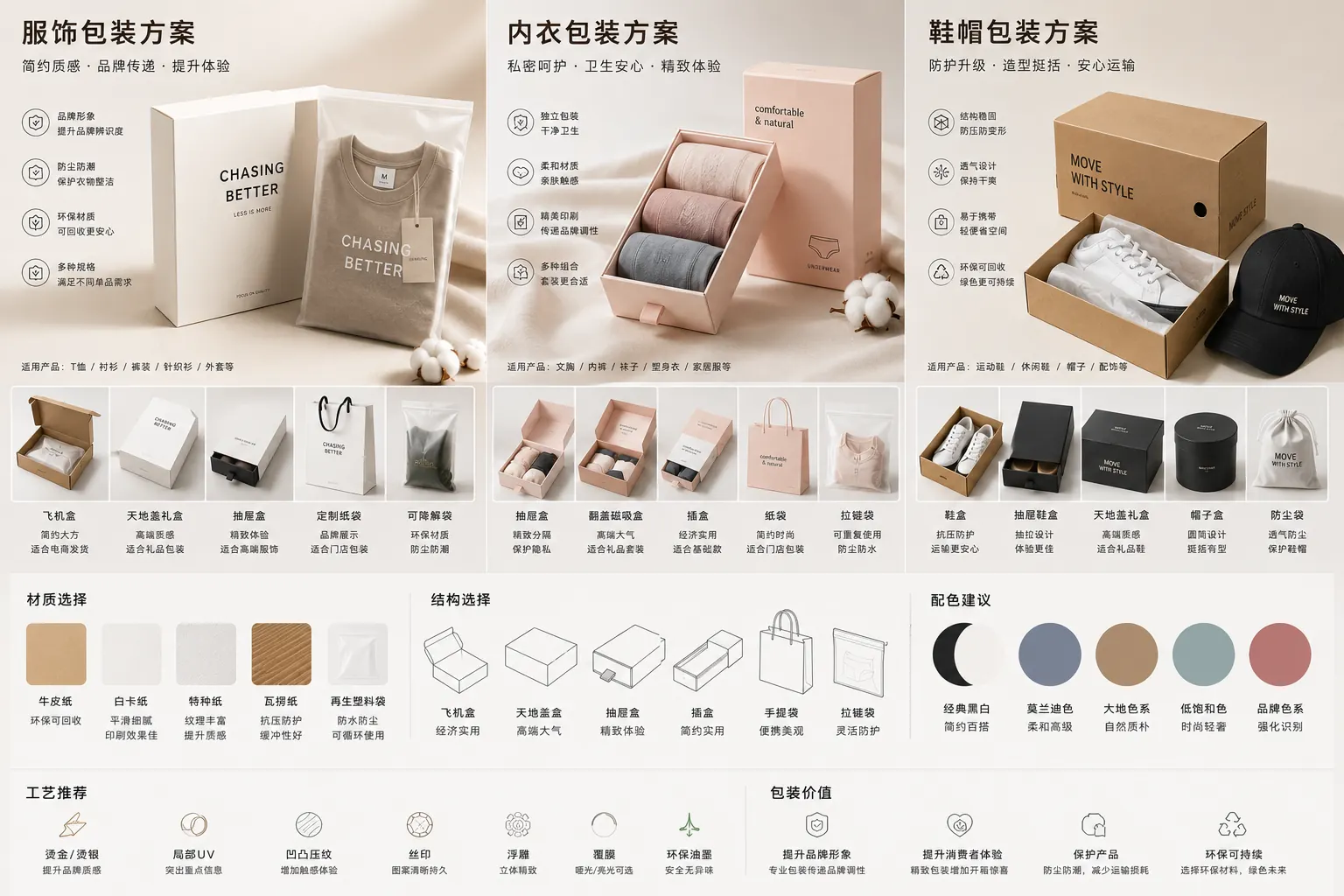 服装邮寄盒、吊牌、内衬纸和品牌卡片的包装设计组合