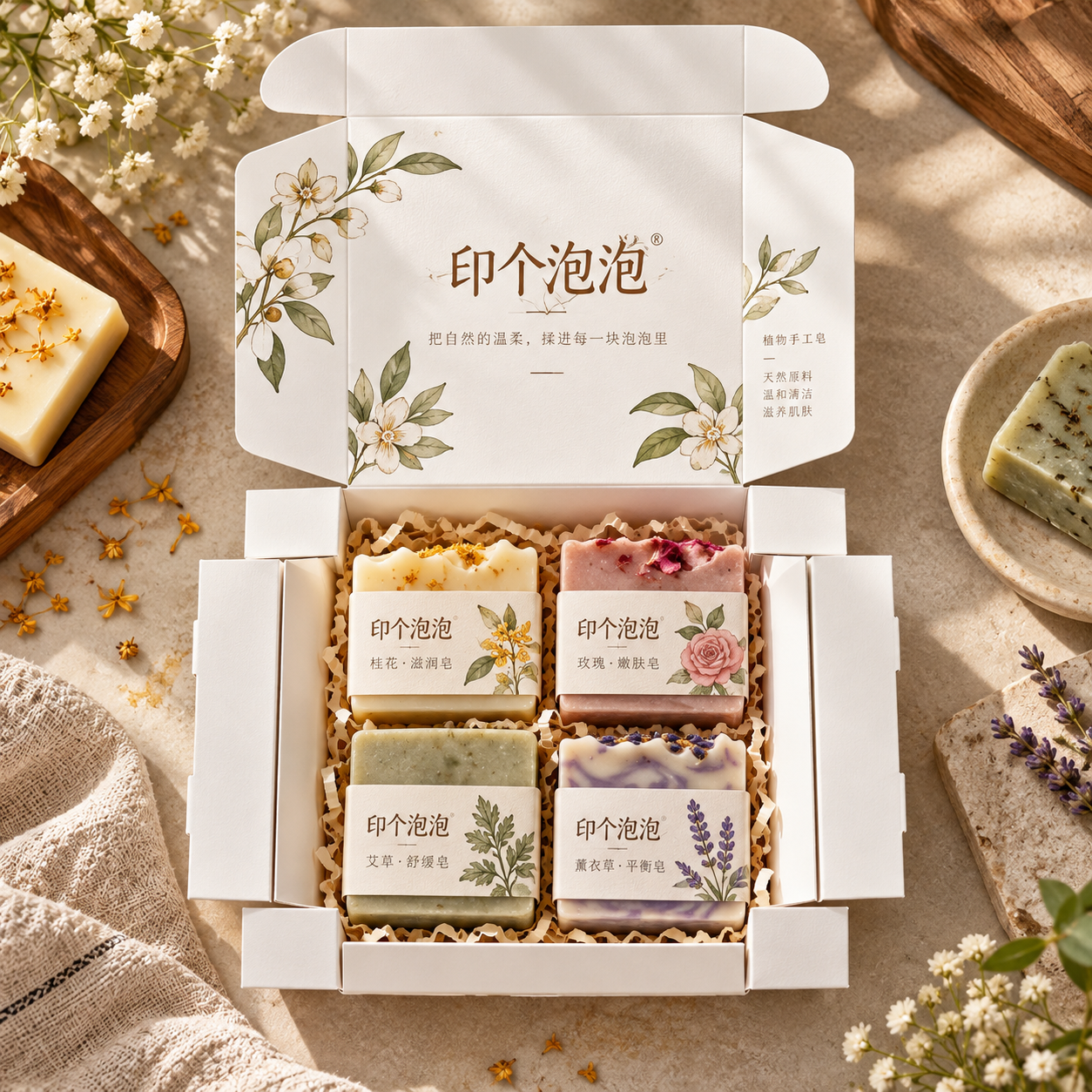 浅色卡纸一体成型盒打开后展示皂类产品的设计场景